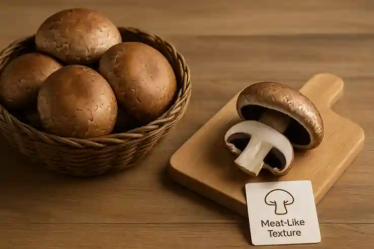 Fresh portobello mushrooms on a table with sliced pieces highlighting their thick, meat-like texture.