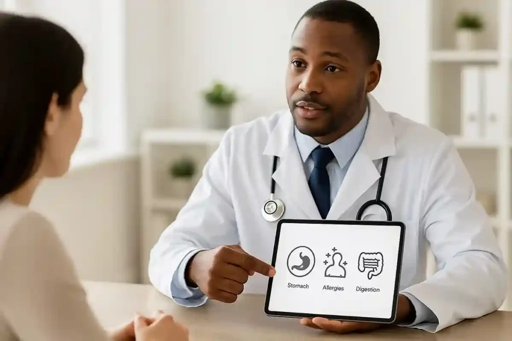 Doctor explaining possible enoki mushroom side effects to a client using health icons on a tablet in a bright medical office.