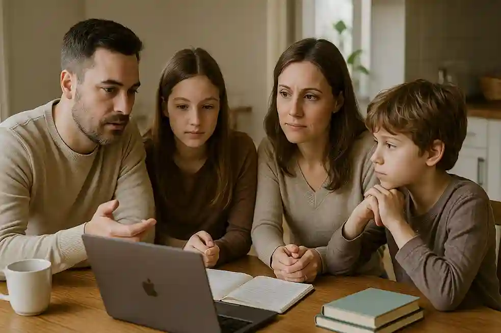Realistic family discussing the pros and cons of homeschooling around a table, considering education options together.