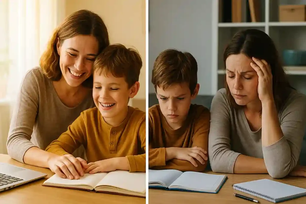 photo showing the emotional pros and cons of homeschooling, with both joy and frustration at home.