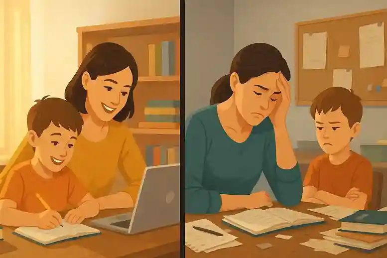 Illustration showing the pros and cons of homeschooling with both joyful and challenging moments at home.