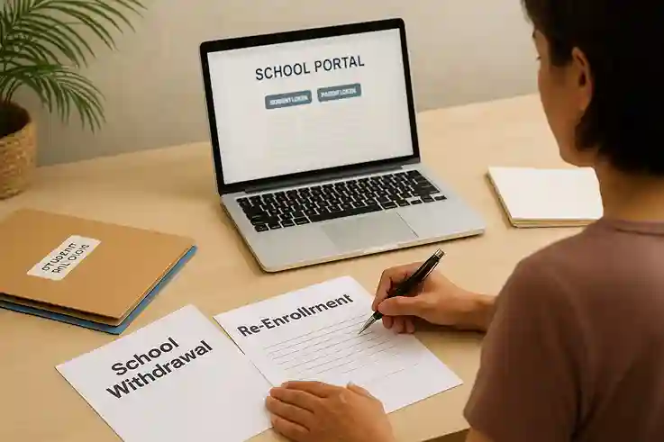 A parent reviewing withdrawal or re-enrollment forms while transitioning in or out of homeschooling in Florida at a bright home desk.