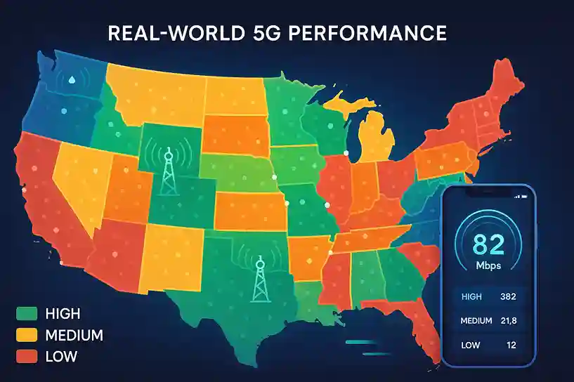 Map of the U.S. showing real-world 5G performance with color-coded speed regions and 5G tower icons.