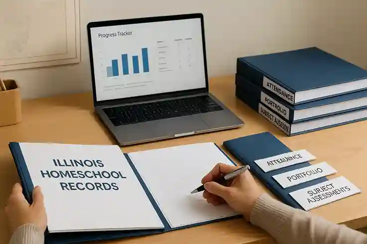 Parent organizing homeschool records and assessments with binders and a progress tracker for homeschooling in Illinois.