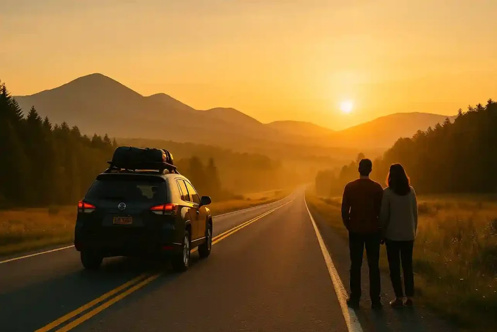 Adventurous travelers driving through scenic open road surrounded by mountains and sunrise