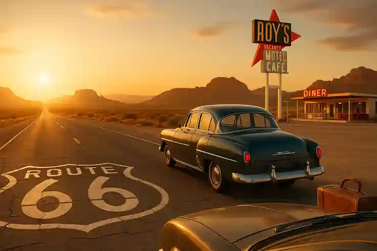 Classic Route 66 highway with vintage road signs, desert landscape, and a retro American car at sunset