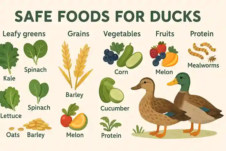 Infographic showing safe foods for pet and farm ducks, including greens, grains, vegetables, fruits, and insects.