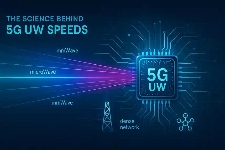 Scientific illustration showing how 5G UW uses high-frequency mmWave signals to deliver ultra-fast wireless speeds.