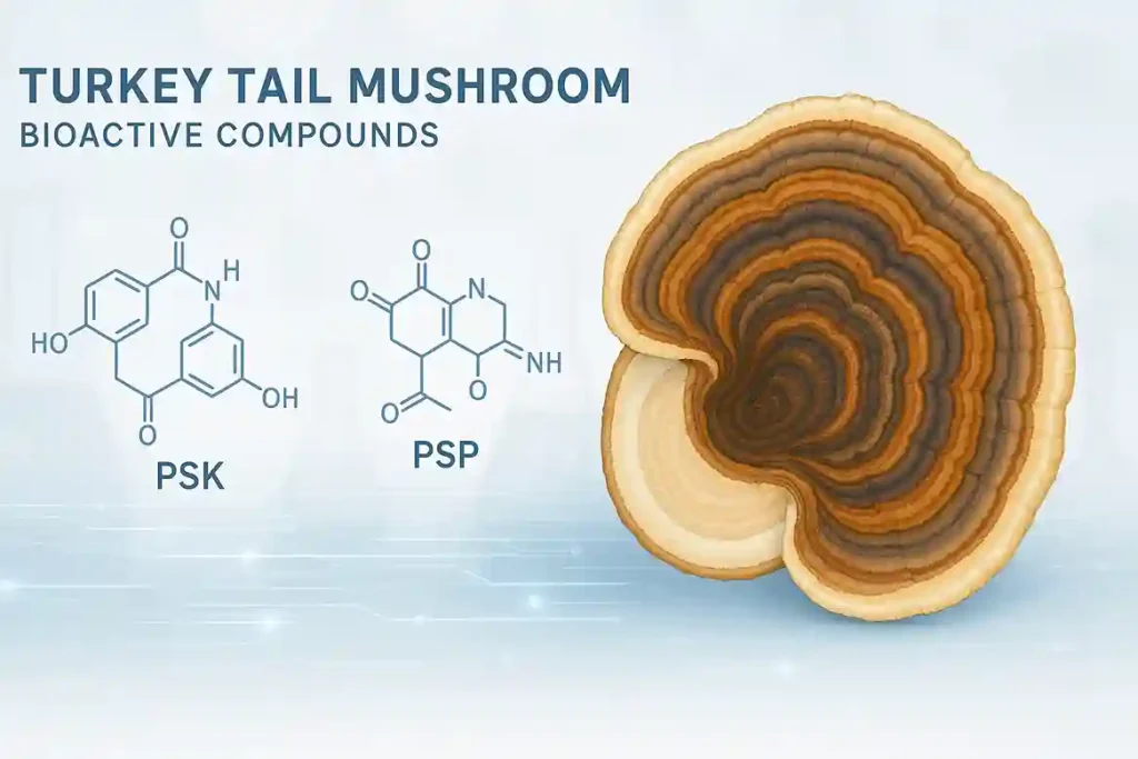 Scientific illustration of Turkey Tail mushroom compounds with molecular graphics and a clean lab-style background.