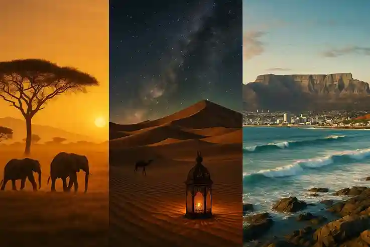 Collage of the Serengeti, Morocco, and Cape Town highlighting What Makes a Great Travel Bucket List with wildlife, desert skies, and oceans.