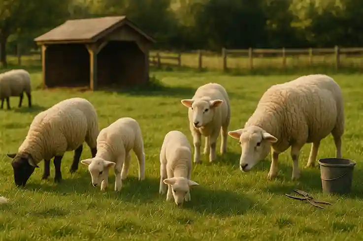 Small flock of compact sheep grazing on a pasture, showing breeds known for quality meat and wool production.