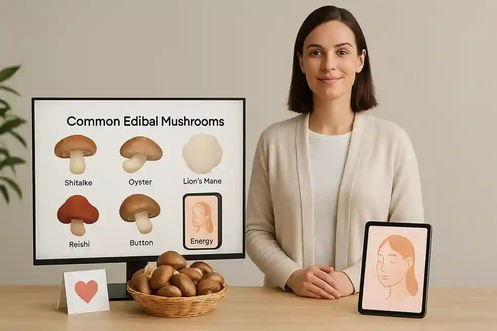 Wellness expert presenting fresh shiitake mushrooms with subtle visuals highlighting heart and skin health benefits.