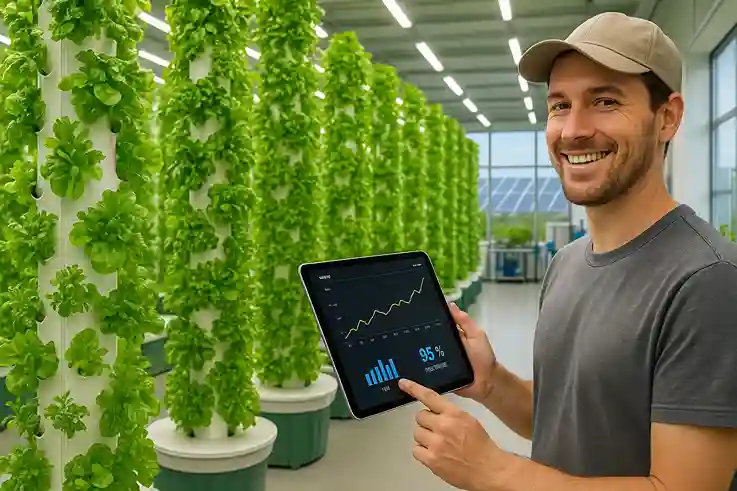 Farmer checking thriving aeroponic towers that deliver high yields with minimal water and energy use.