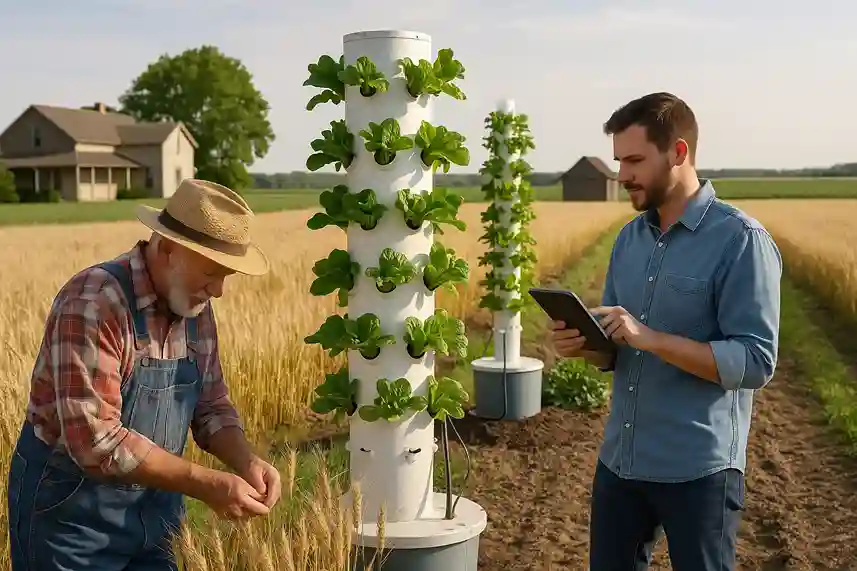Farmers managing an aeroponic tower beside traditional crops, blending smart farming with rural agriculture.