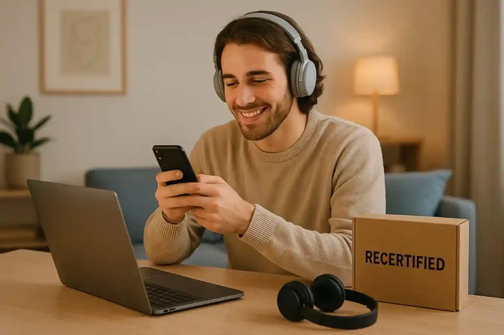 A person using recertified tech devices at home, showing confidence and satisfaction in smart tech purchases.