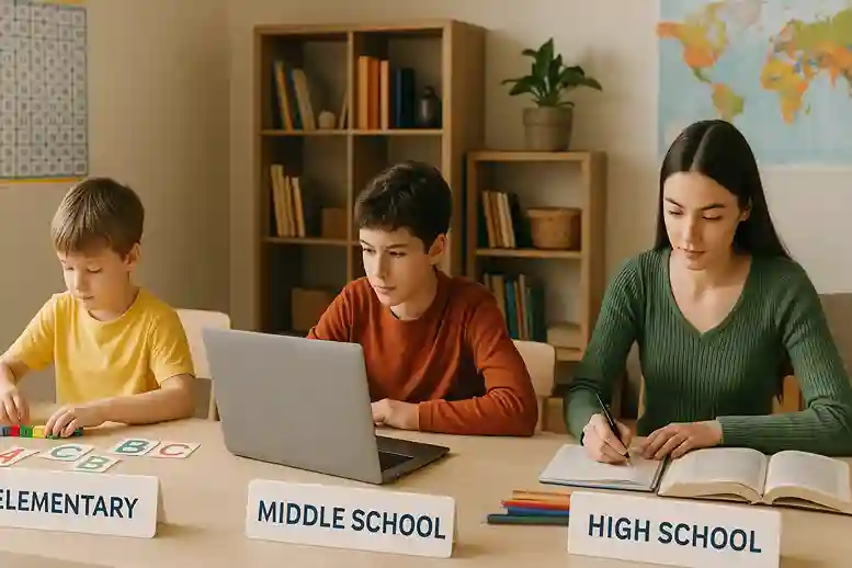 Children of different grade levels using specialized Homeschooling Resources at home.