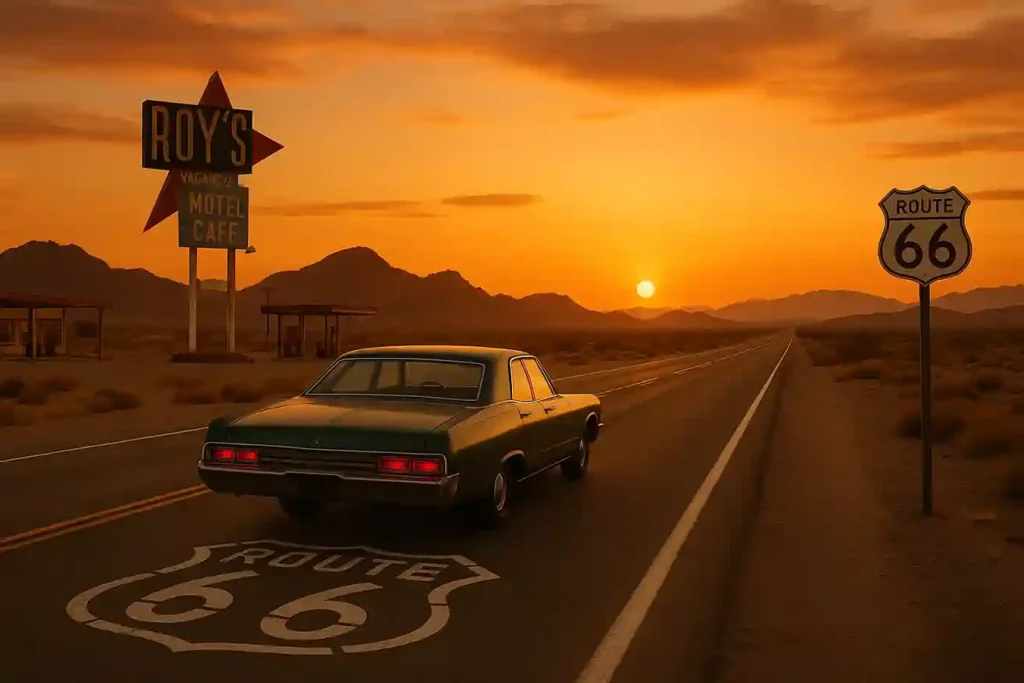 Vintage car on empty Route 66 highway at sunset with desert scenery and classic roadside diner