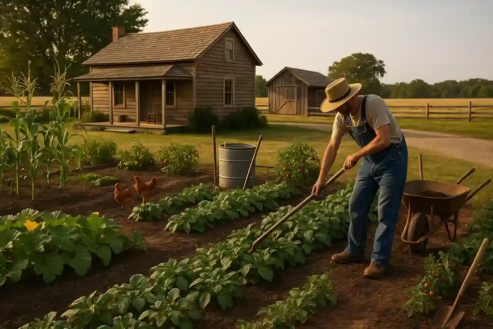 USA subsistence farmer working on a small homestead garden with staple crops, simple tools, a wooden farmhouse, and free-range animals.