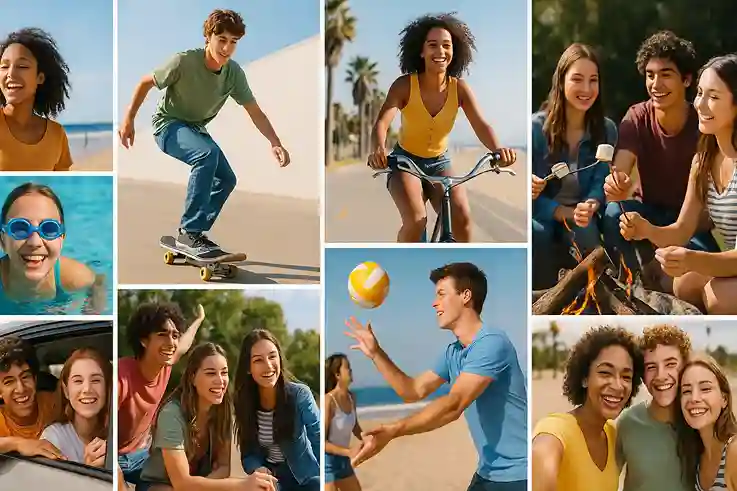 Collage of teens enjoying summer activities like beach time, skating, swimming, and campfire fun.