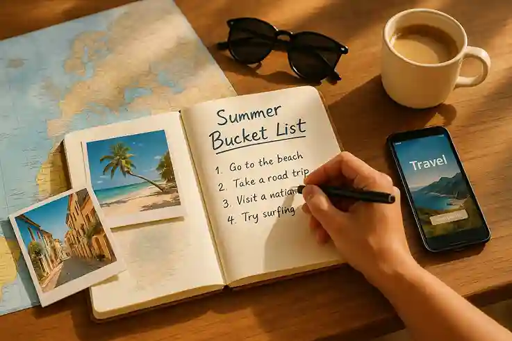 A person planning a summer bucket list with a journal, maps, travel photos, and sunlight creating an inspiring summer planning scene.