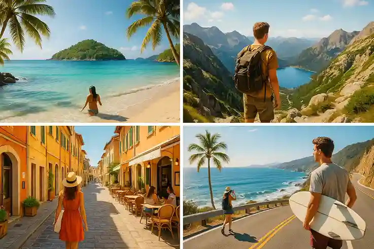 A vibrant summer travel collage featuring beaches, mountains, coastal roads, and travelers exploring top global hotspots in sunny weather.