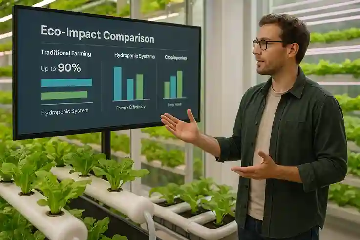 Expert explaining hydroponic sustainability data on a screen beside thriving indoor plants.