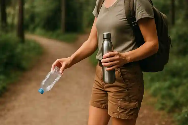 Traveler practicing eco-friendly habits on a nature trail, illustrating Sustainable and Responsible Travel.