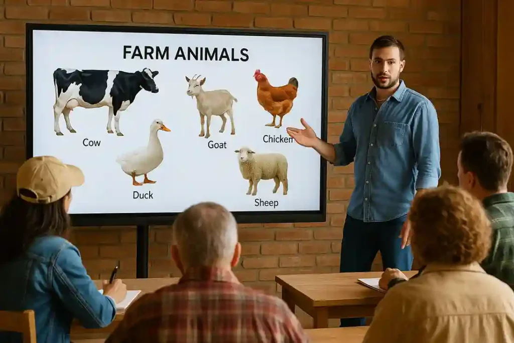 Teacher explaining farm animals to learners using a digital smart board with visuals of cows, goats, chickens, ducks, and sheep.