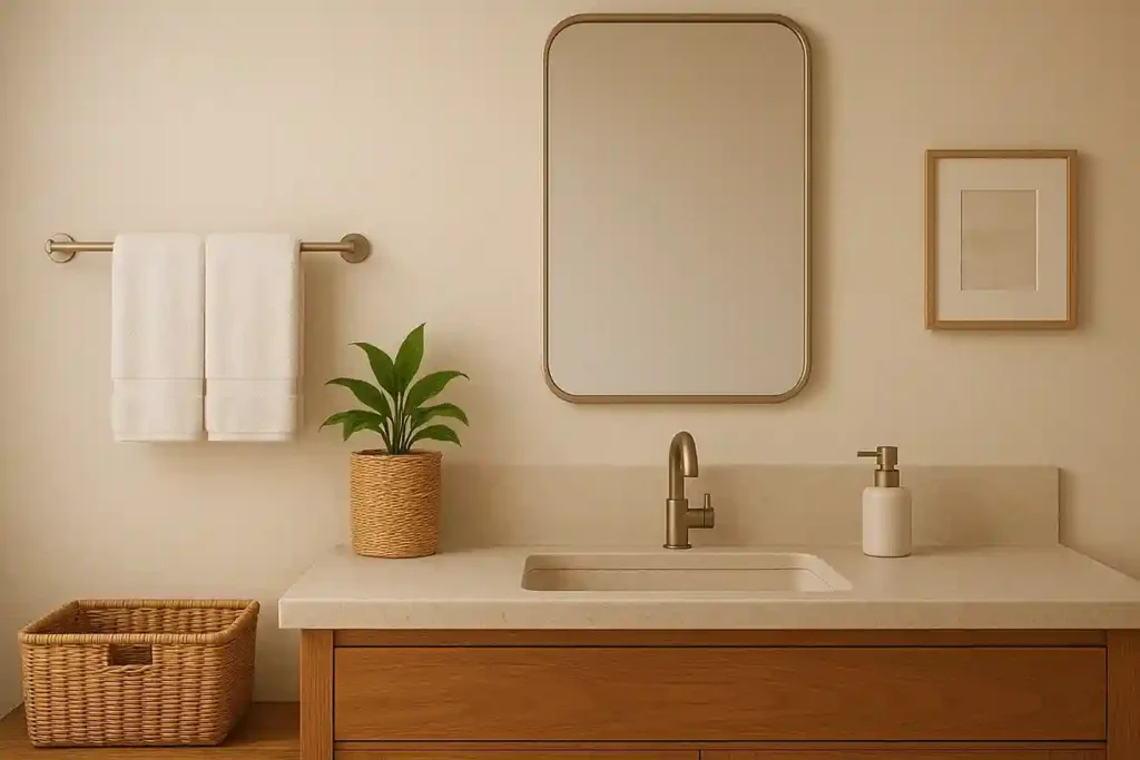 Bathroom  decor with rich natural textures, including wood, stone, cotton towels, and bamboo accents for warmth and depth.