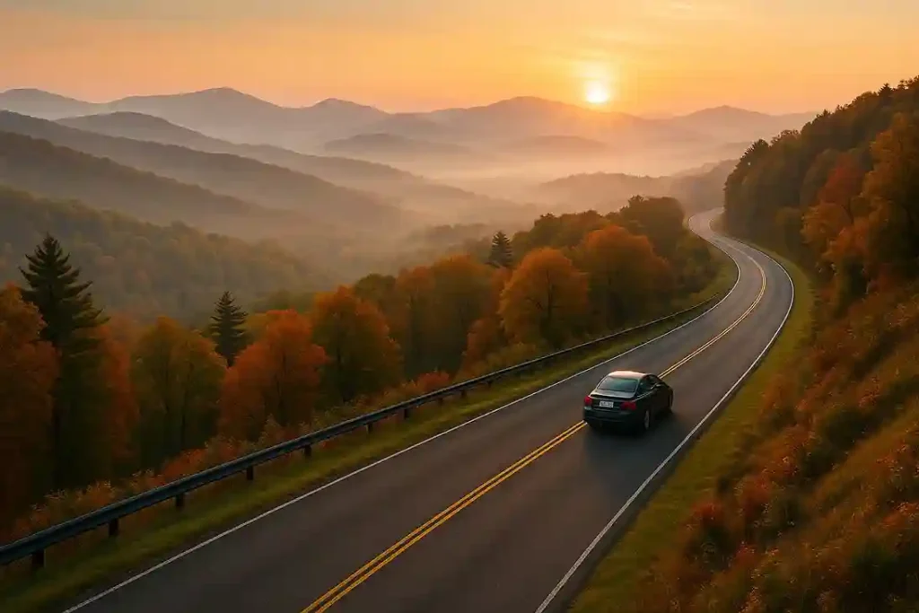 Scenic view of the Blue Ridge Parkway winding through the Appalachian Mountains with lush rolling hills and soft mist