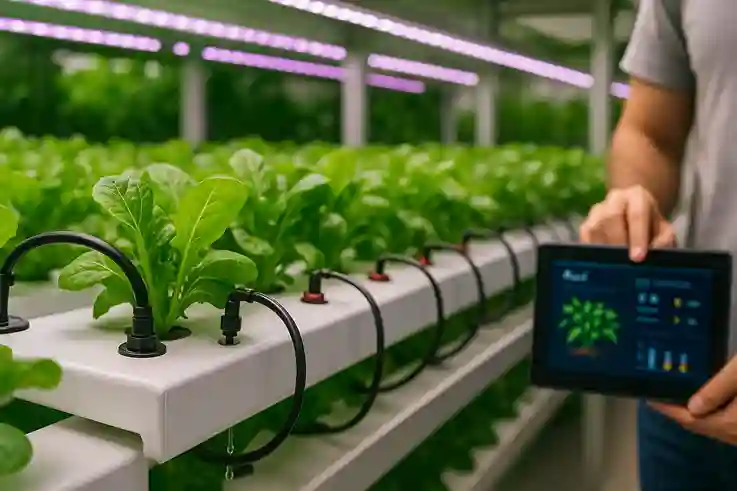 Close-up of a hydroponic drip system delivering nutrients to plants in a modern indoor farm.