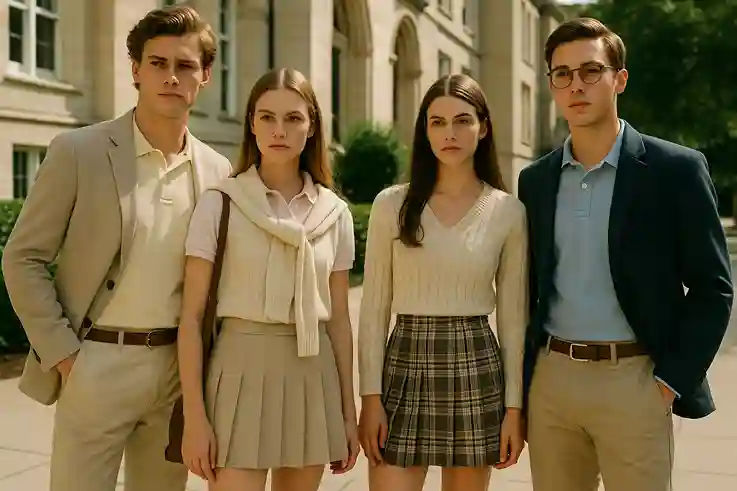 Models in 1990s fashion preppy style with polos, blazers, and plaid skirts blending Ivy League charm and modern edge.