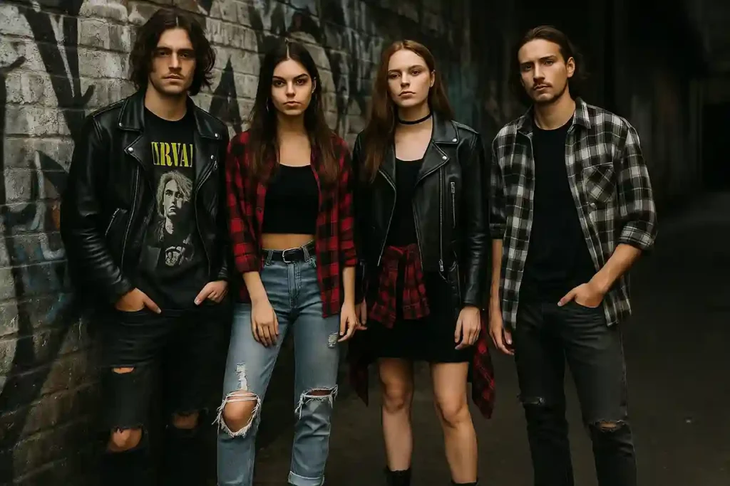 Models in edgy 1990s fashion with ripped jeans, leather jackets, and flannel shirts posing in a gritty urban street setting.