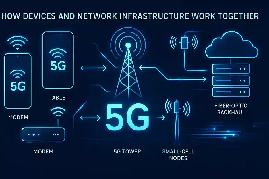 Infographic showing how devices, 5G towers, fiber backhaul, and small-cell nodes work together to support 5G performance.