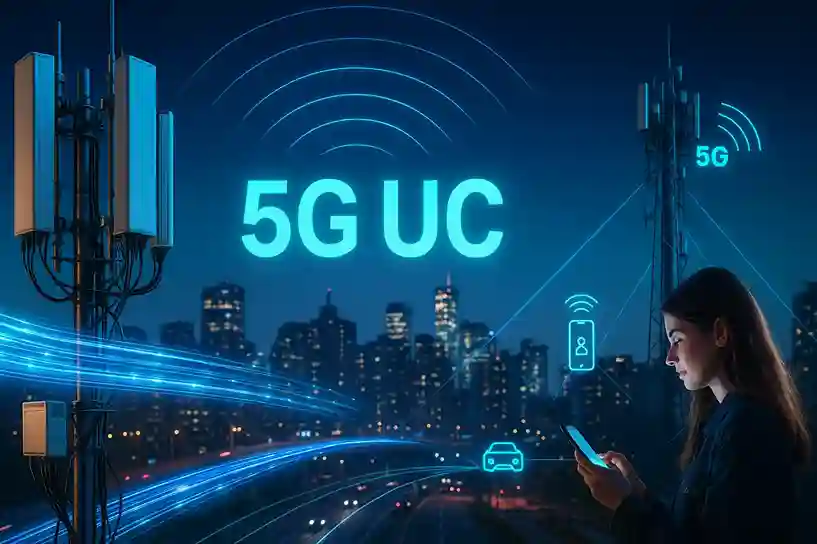The technology behind what is 5G UC showing network towers and connected smart devices