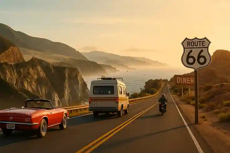 Realistic highway with convertible, camper van, and motorcycle representing America’s best themed road trip ideas