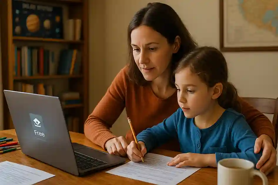 Parent helping child learn at home using free online Homeschooling Resources and worksheets.