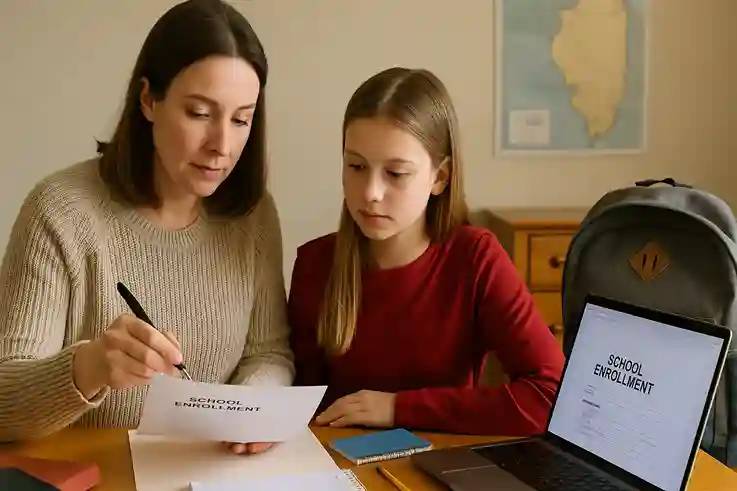 Parent and child preparing school enrollment papers for transitioning from homeschooling in Illinois to a public or private school.