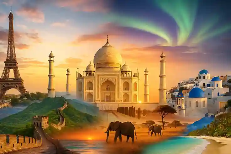 “Travel Bucket List global destinations collage featuring world landmarks, nature wonders, and top travel gems