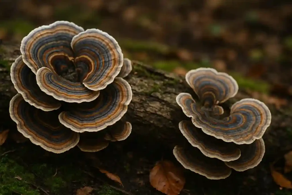 Close-up of colorful Turkey Tail mushrooms growing on a mossy log in a forest.
