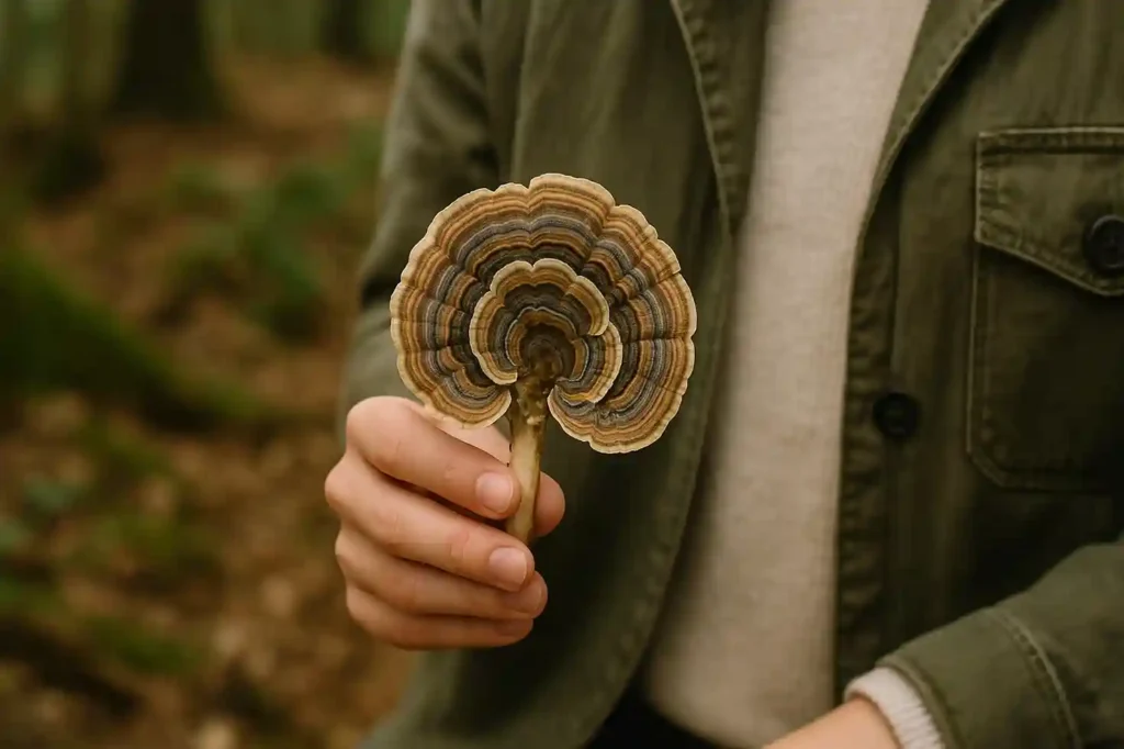 Turkey Tail mushroom held by a person in a natural wellness setting, showing its colorful layers and health-focused presentation.