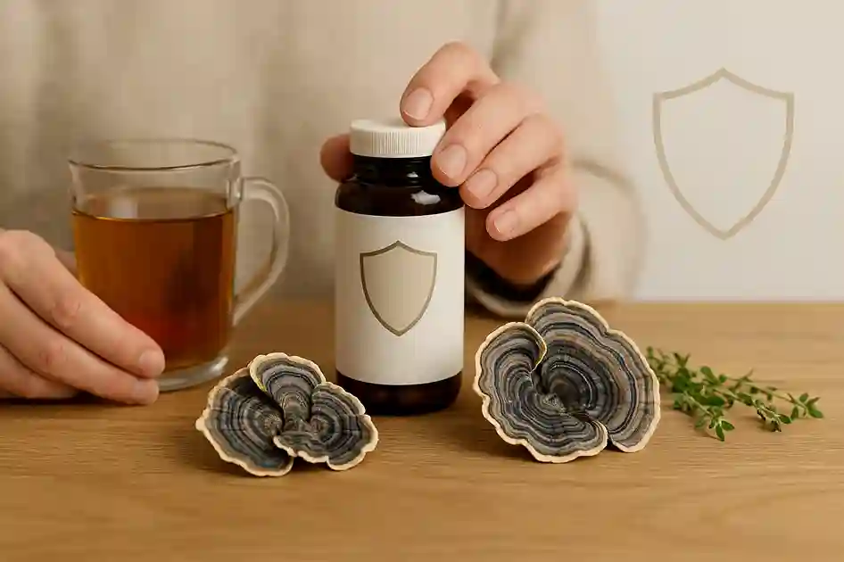 Turkey Tail mushrooms with a person preparing wellness tea, symbolizing daily immune support and natural health benefits.