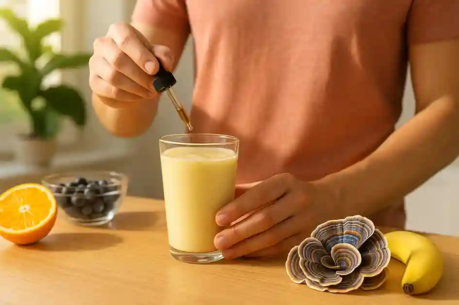 Person adding Turkey Tail extract to a morning smoothie, symbolizing natural energy, vitality, and daily wellness support.