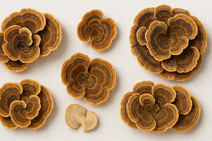 Studio photo of Turkey Tail mushroom clusters on a clean white background showing their colorful layered patterns.