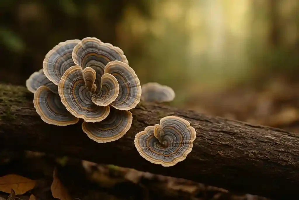 Colorful Turkey Tail mushrooms growing on a forest log, showing layered rings and natural textures.
