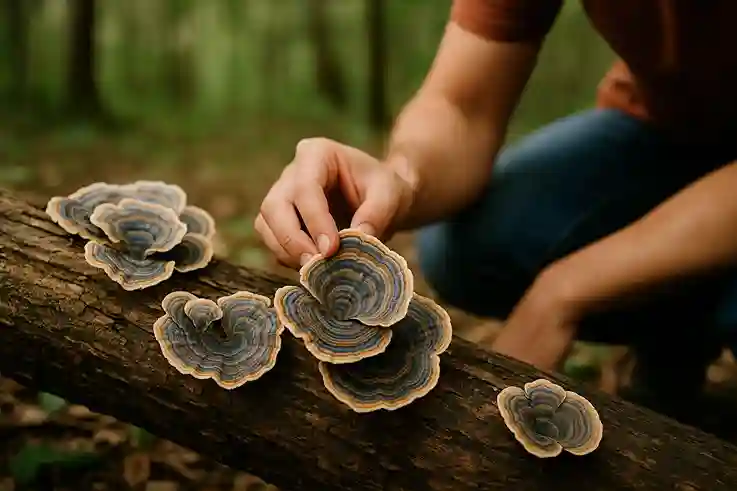 Close-up of Turkey Tail mushrooms on a forest log with a person examining their colorful, fan-shaped layers.