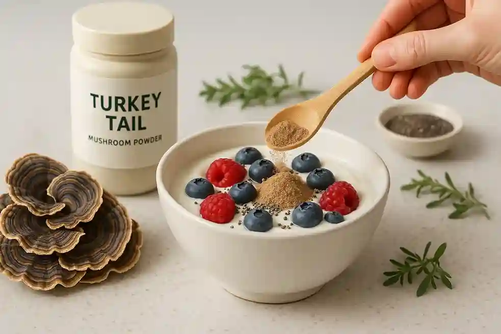 Hand sprinkling Turkey Tail powder into a probiotic-rich smoothie bowl to symbolize gut health and natural digestive support.