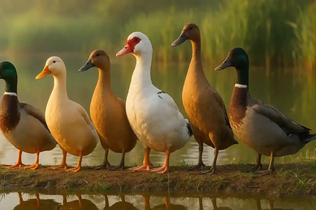 A lineup of common duck breeds near a pond, including Mallard, Pekin, Khaki Campbell, Muscovy, and Indian Runner in a natural setting.