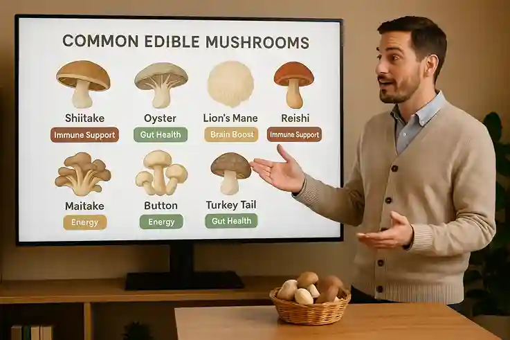 Presenter explaining common mushrooms and their health benefits with illustrated visuals on a screen and fresh samples.