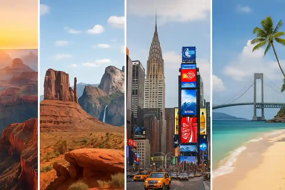 Collage of iconic USA travel spots including the Grand Canyon, Monument Valley, Yosemite, Times Square, Golden Gate Bridge, and Hawaii beaches.